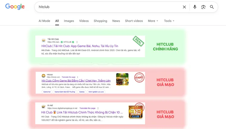 Trang chủ Hit.Club thật có giao diện gọn gàng, bố cục cân đối, còn trang giả Hit.Club thường lộn xộn và thiếu chi tiết.